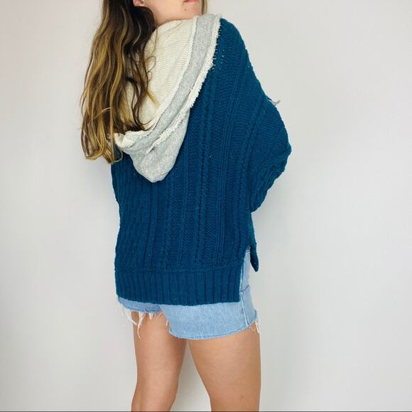 Free People teal cable knit oversized hood sweater - Picture 6 of 6